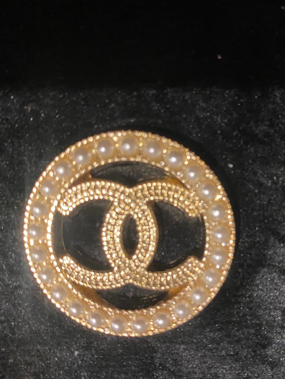CC gold tone Emblem with tiny pearls